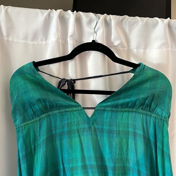 FREE PEOPLE TATTERSALL GREEN SEA BLUE SILK MAXI DRESS NWT NEW MEDIUM - Picture 12 of 14